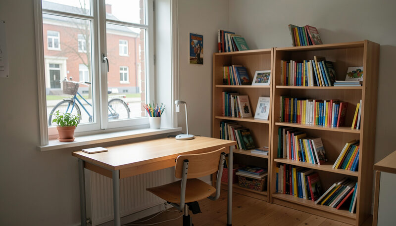Litet studentrum i Lund med skrivbord vid fönstret, bokhylla och cykel utanför.