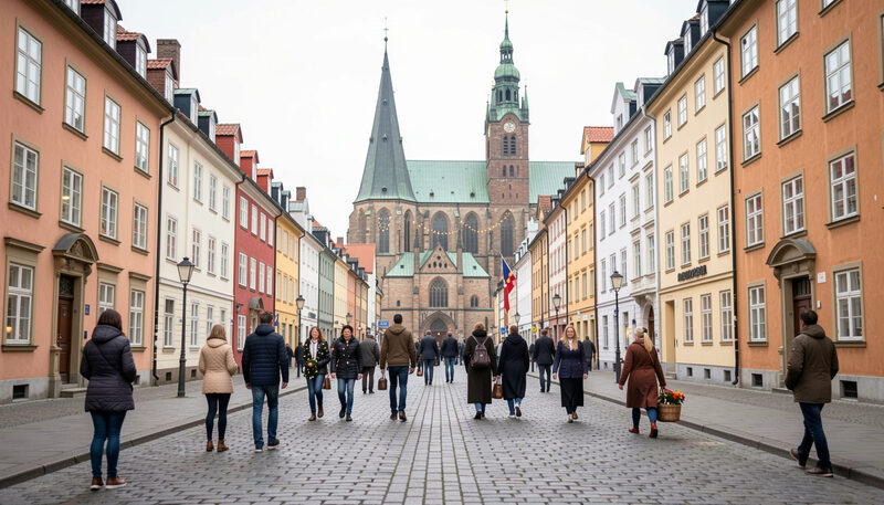 Snötäckt torg framför Lunds domkyrka i skymning med upplysta marknadsstånd.