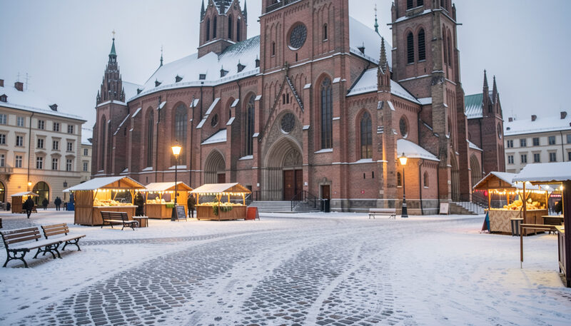 Snötäckt torg framför Lunds domkyrka i skymning med upplysta marknadsstånd och tomma bänkar.