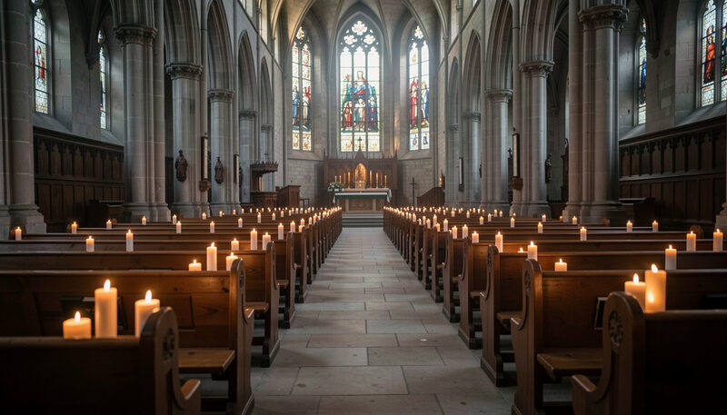 Mörk decembermorgon inne i en stor stenkyrka med rader av brinnande ljus och tomma bänkar.