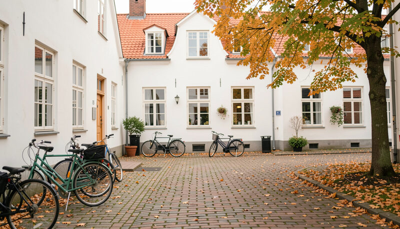 Historisk gård i Lund med vit fasad, parkerade cyklar och höstlöv på kullerstenen.