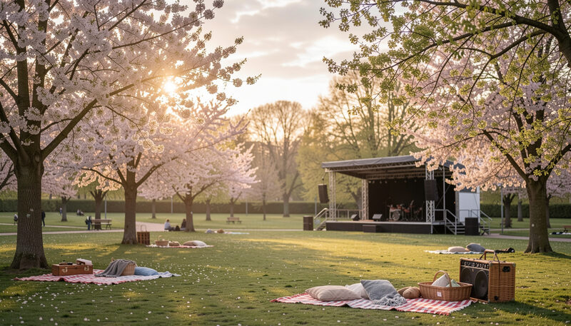 Vårpark i Lund med blommande träd, filtar på gräset och en tom scen i solnedgång.