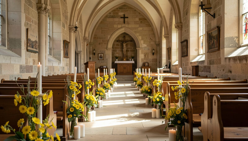 Stengång i kyrka dekorerad med gula vårblommor och vita ljus med tomma bänkar i dagsljus.