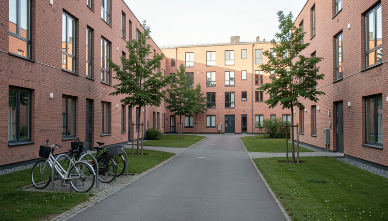 Moderna tegelhus i Lund med grön innergård, cykelställ och tomma gångvägar.